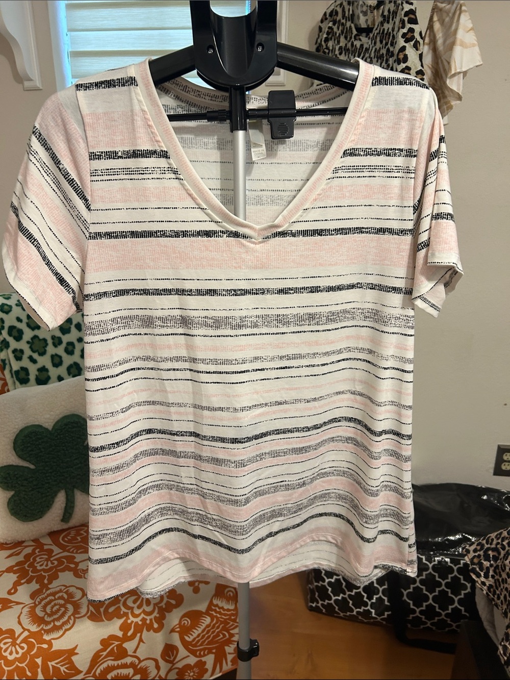LuLaRoe Christy Pink, Black & White Striped V-Neck Short Sleeve Tee